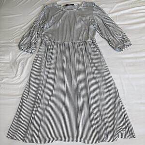 MEROKEETY Womens XL Black White Striped Midi Dress 3/4 Ballon Sleeve Pockets EUC